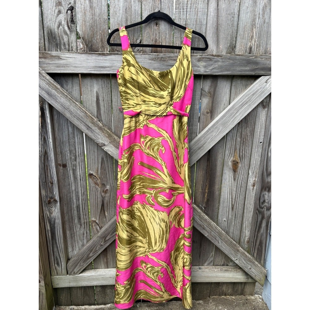 Milly of New York 100% Silk Maxi Dress Pink Olive Green Abstract Swirl Print | 0